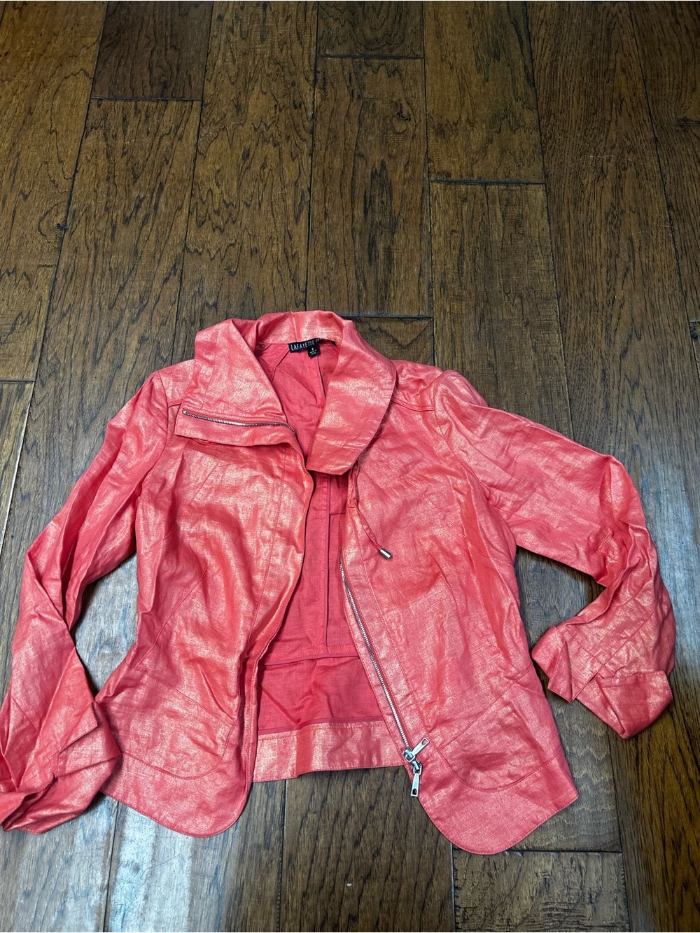 Lafayette 148 iridescent metallic linen coral orange moto jacket